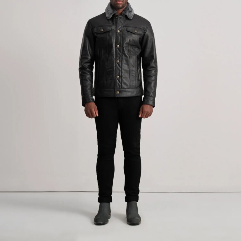 Mens Dallis Black Leather Shearling Trucker Jacket Full Length-2-1733751759987